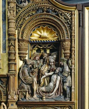 "Kreuzaltar": Passionsretabel mit Darstellung der Kreuzigung (zentral), Kreuztragung (links), Grablegung (rechts) und der Wurzel Jesse (unterer Teil) — Grablegung Christi