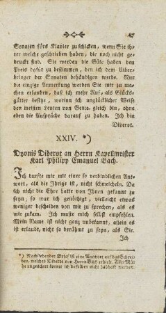 XXIV. Brief. Dyonis Diderot an Herrn Kapellmeister Karl Philipp Emanuel Bach