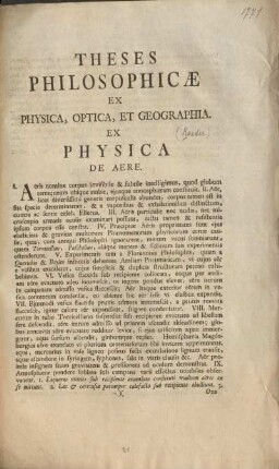 Theses philosophicæ ex physica, optica, et geographia.
