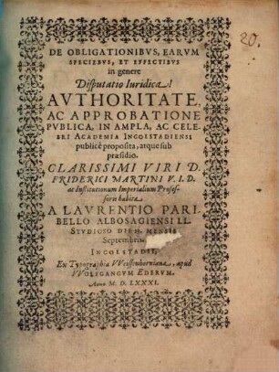 De Obligationibvs, Earvm Speciebvs, Et Effectibvs in genere Disputatio Iuridica