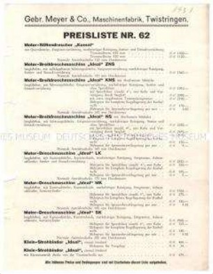 Preisliste Nr. 62 über Dreschmaschinen