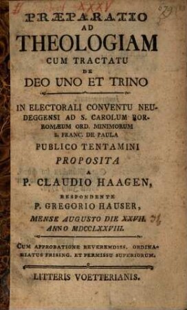 Praeparatio ad theologiam cum tractatu de Deo uno et trino