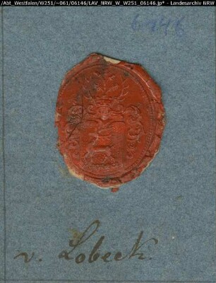 Siegler: Lobeck Überlieferungsart: Abdruck. Stoff: Lack Farbe: rot Form: oval. Durchmesser: 26 mm
