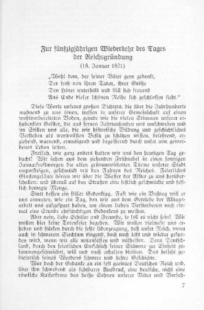 Zur fünfzigjährigen Wiederkehr des Tages der Reichsgründung (18. Januar 1921)
