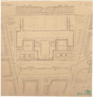 Fischer, Theodor; München; Hauptbahnhof, Bebauungsvorschlag - Lageplan, Grundriss, Ansicht
