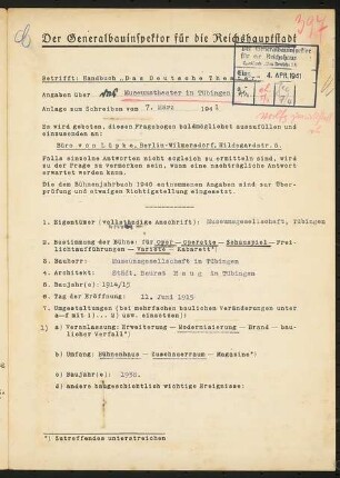 Theatersaal im Museum, Tübingen: Fragebogen für das Handbuch »Das Deutsche Theater«, vierseitiges Dokument