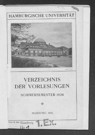 SS 1934: Verzeichnis der Vorlesungen // Hamburgische Universität