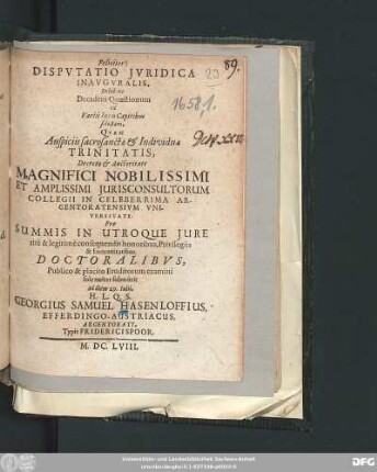 Disputatio Iuridica Inauguralis, Exhibens Decadem Quaestionum ex Variis Iuris Capitibus selectam