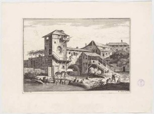 Gebäude mit viereckigem Turm und Außentreppen, aus einer Folge von Landschaften nach Marco Ricci, Bl. II 16