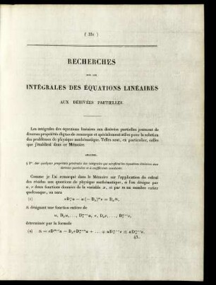 Recherches sur les intégrales des équations linéaires aux dérivées partielles.