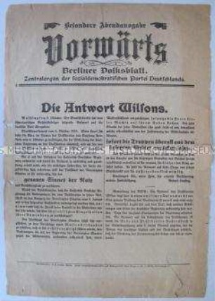 Sonderausgabe der Tageszeitung "Vorwärts" zur Antwort von US-Präsident Wilson auf das Friedensangebot der deutschen Regierung