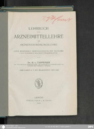 Lehrbuch der Arzneimittellehre und Arzneiverordnungslehre : unter besonderer Berücksichtigung der Deutschen und Österreichischen Pharmakopoe