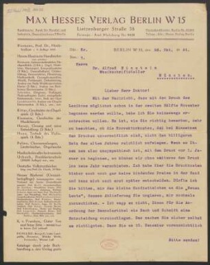 Brief an Alfred Einstein : 26.10.1921