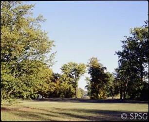 Potsdam, Neuer Garten, Parkansicht, Blick über Wiesenflächen und Baumgruppen in der Ferne auf das Maschinenhaus in Glienicke.