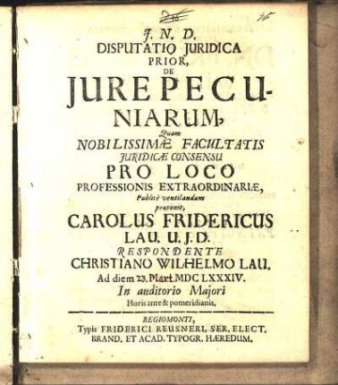 Disputatio Juridica Prior, De Jure Pecuniarum