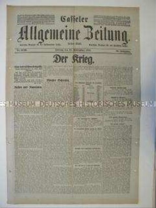 Regionale Tageszeitung "Casseler Allgemeine Zeitung" mit Meldungen und Berichten von verschiedenen Kriegsschauplätzen