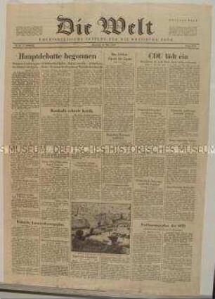 Tageszeitung der britischen Besatzungszone "Die Welt" u.a. zur Wirtschaftsdebatte auf der Außenministerkonferenz in Moskau