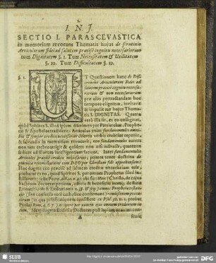 Sectio I. Parascevastica in memoriam revocans Thematis hujus
