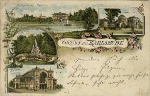 Postkartensammlung Weis mit Ansichten Karlsruhes. Stadtgartensee, Festhalle, Nymphengruppe und Vierordtbad