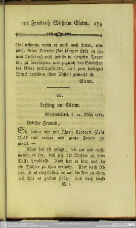66. Lessing an Gleim. Wolfenbüttel, den 22. März 1772