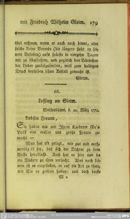 66. Lessing an Gleim. Wolfenbüttel, den 22. März 1772