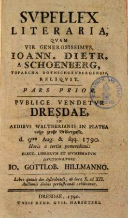 Supellex literaria, quam vir generosissimus Ioann. Dietr. a Schoenberg, toparcha Rothschoenbergensis reliquit, 1