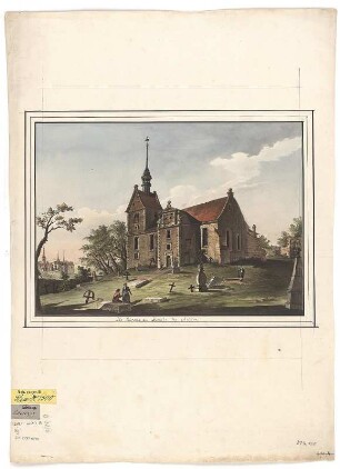 Ansicht der Kirche von Zscheila bei Meißen, Handzeichnung, 1794 : Goebel, Emanuel Traugott : ¬Die¬ Kirche zu Zscheila bey Meissen / Göbel del. - [S.l.] , 1794. - 1 Kunstbl. : kolor. Handzeichng. ; 26 x 26 cm
