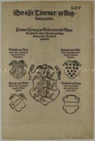 Achtes Turnier zu Augsburg im Jahr 1080 - Stadt- und Familienwappen (S. LXV aus dem Turnierbuch/1. Teil)