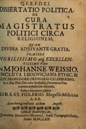 Diss. polit. de cura magistratus politici. circa religionem