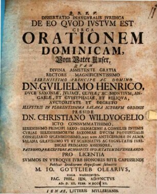 Dissertatio Inavguralis Jvridica De Eo Qvod Ivstvm Est Circa Orationem Dominicam, Vom Vater Unser