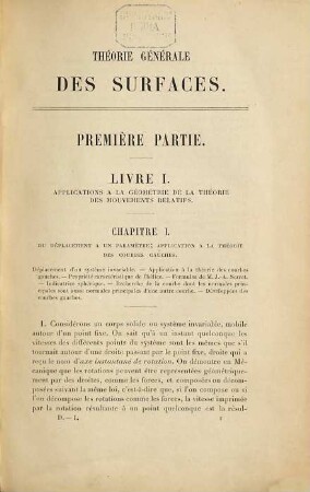 Leçons sur la théorie générale des surfaces et les applications géométriques du calcul infinitésimal, 1. Généralités, coordonnées curvilignes, surfaces minima