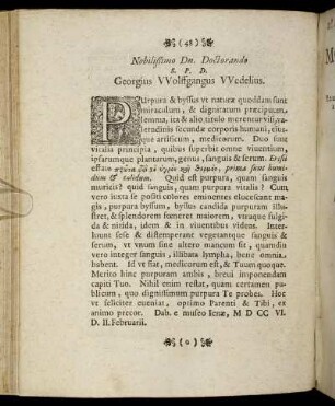 Nobilißimo Dn. Doctorando S. P. D. Georgius Wolffgangus Wedelius.