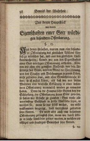 Das dritte Hauptstück von denen Eigenschaften einer Gott würdigen besondern Offenbarung.