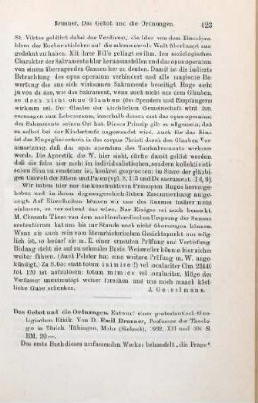 423-425 [Rezension] Brunner, Emil, Das Gebot und die Ordnungen