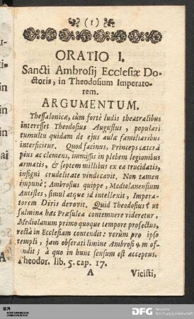 Oratio I. Sancti Ambrosii Ecclesiae Doctoris, in Theodosium Imperatorem.