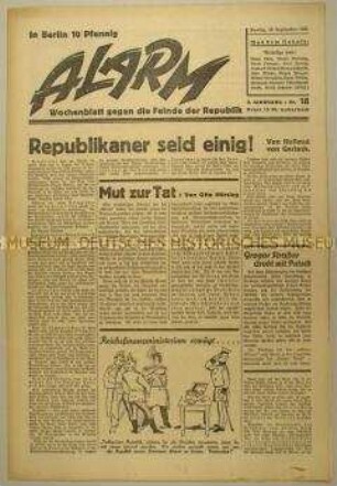 Republikanische Wochenzeitung "Alarm" u.a. über Richtungskämpfe innerhalb der NSDAP