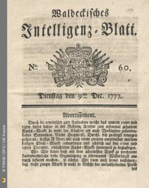 No. 60. Dienstag den 9ten Dec. 1777