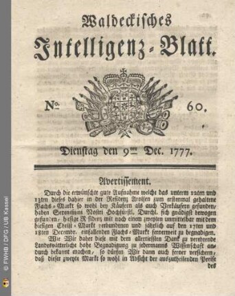 No. 60. Dienstag den 9ten Dec. 1777