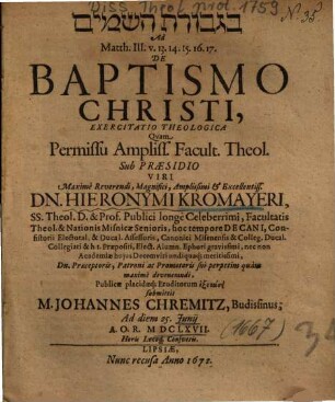 ... Ad Matth. III. v. 13. 14. 15. 16. 17. De Baptismo Christi, Exercitatio Theologica