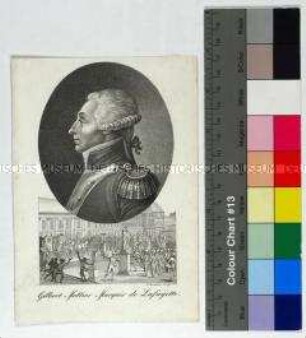 Porträt des französischen Generals und Politikers Marie-Joseph du Motier Marquis de Lafayette mit illustrierender Szene aus der Revolutionszeit