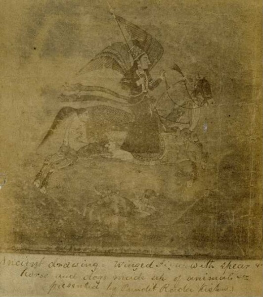 Drawing with horse on horseback and lady with flag