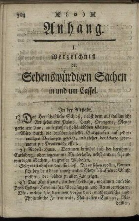 I. Verzeichniß der Sehenswürdigen Sachen in und um Cassel