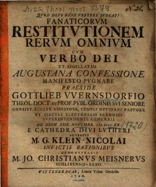 Fanaticorvm Restitvtionem Rervm Omnivm Cvm Verbo Dei Et Sigillatim Augustana Confessione Manifesto Pvgnare