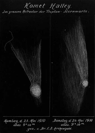 Komet Halley, 23. und 24. V. 1910, beobachtet von F. S. Archenhold, Treptow-Sternwarte : Technikgeschichte | Astronomie | Kometen | Kometen