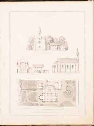 Katholische Kirche, Görlitz: Vorderansicht, Seitenansicht, Grundriss mit Garten (aus: Entwürfe zu Kirchen, Pfarr- und Schulhäusern, hrsg. von der Kgl. Preuß. Oberbaudeputation, 1845-1855)
