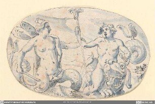 Nereide und Putto auf Seedrachen reitend