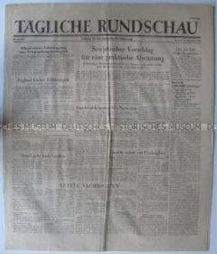 Sowjetische Tageszeitung für die deutsche Bevölkerung "Tägliche Rundschau" u.a. über eine sowjetische Resolution zur Abrüstung vor dem Sicherheitsrat der Vereinten Nationen