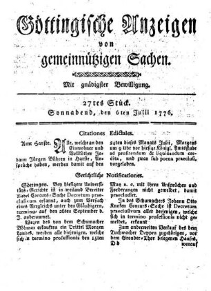 27tes Stück. Sonnabend, den 6ten Julii 1776.