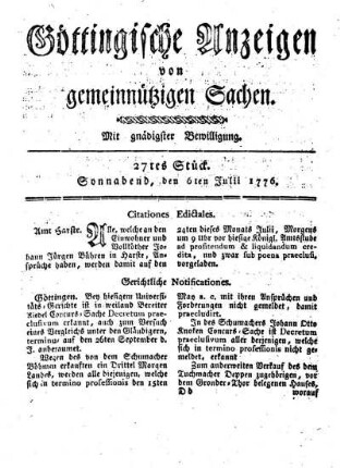 27tes Stück. Sonnabend, den 6ten Julii 1776.