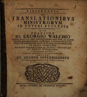 Dissertatio De Translationibvs Ministrorvm In Veteri Ecclesia